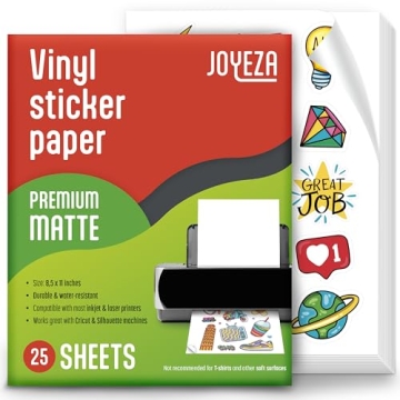 JOYEZA Premium Printable Vinyl Sticker Paper - 25 Sheets, Waterproof for Inkjet & Laser Printers