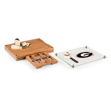 PICNIC TIME NCAA Georgia Bulldogs Concerto Glass Top Cheese Board and Knife Set - Charcuterie Board Set - Glass Top Cutting Board