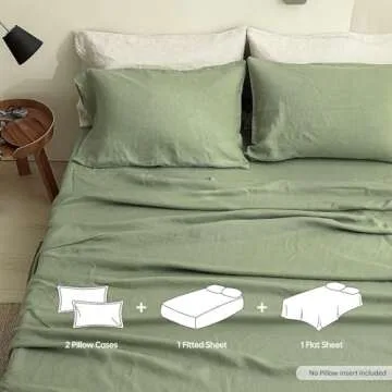 Simple&Opulence 100% Linen Sheets Queen Size Set, 4 Pcs Natural French Linen Bed Sheets, Breathable Soft Durable Bedding Set for All Season (Sage Green, Queen)