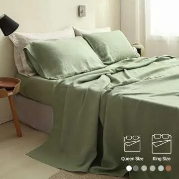 Simple&Opulence 100% Linen Sheets Queen Size Set, 4 Pcs Natural French Linen Bed Sheets, Breathable Soft Durable Bedding Set for All Season (Sage Green, Queen)