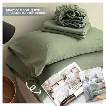 Simple&Opulence 100% Linen Sheets Queen Size Set, 4 Pcs Natural French Linen Bed Sheets, Breathable Soft Durable Bedding Set for All Season (Sage Green, Queen)