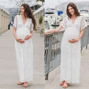 Women V Neck Long Evening Maternity Dress Casual Short Sleeve Floral Lace Boho Wedding Cocktail Part...