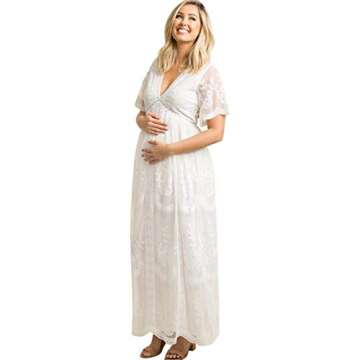 Women V Neck Long Evening Maternity Dress Casual Short Sleeve Floral Lace Boho Wedding Cocktail Party Floor Length Maxi Dress Summer Pregnancy Baby Shower Photo Shoot Gown for Photography Prop White