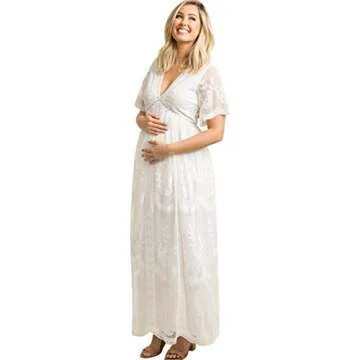 Women V Neck Long Evening Maternity Dress Casual Short Sleeve Floral Lace Boho Wedding Cocktail Party Floor Length Maxi Dress Summer Pregnancy Baby Shower Photo Shoot Gown for Photography Prop White