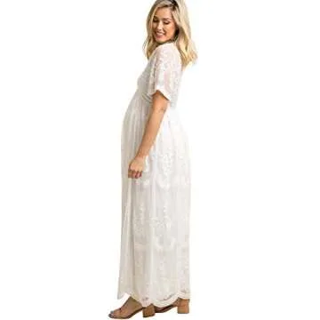 Women V Neck Long Evening Maternity Dress Casual Short Sleeve Floral Lace Boho Wedding Cocktail Party Floor Length Maxi Dress Summer Pregnancy Baby Shower Photo Shoot Gown for Photography Prop White