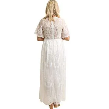 Women V Neck Long Evening Maternity Dress Casual Short Sleeve Floral Lace Boho Wedding Cocktail Party Floor Length Maxi Dress Summer Pregnancy Baby Shower Photo Shoot Gown for Photography Prop White