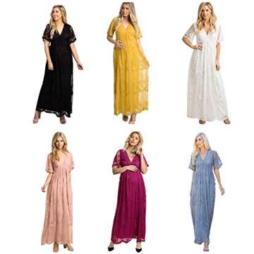 Women V Neck Long Evening Maternity Dress Casual Short Sleeve Floral Lace Boho Wedding Cocktail Party Floor Length Maxi Dress Summer Pregnancy Baby Shower Photo Shoot Gown for Photography Prop White