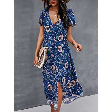 TEMOFON Women's Bohemian Short Sleeve Maxi Dress - V-Neck Floral Printed Summer Style for Beach & Pa...