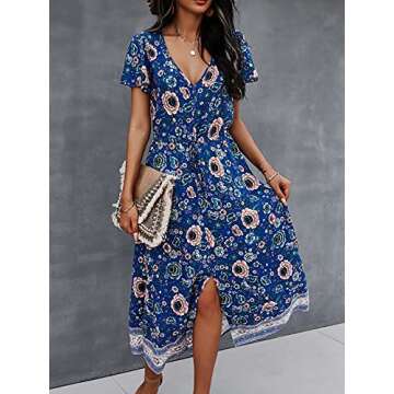 TEMOFON Bohemian V-Neck Floral Maxi Dress for Summer