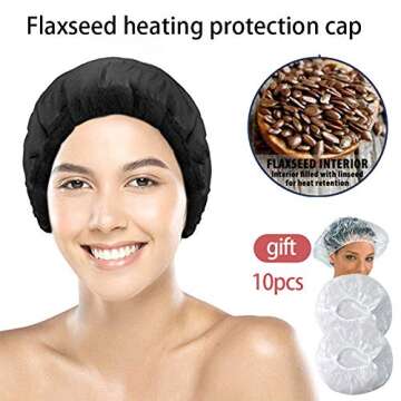 Deep Conditioning Heat Cap, Cordless Flaxseed Thermal Cap with 10PCS Disposable Shower Caps for Natu...