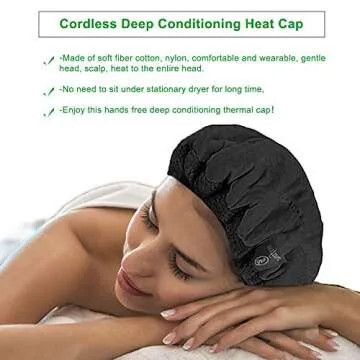 Deep Conditioning Heat Cap, Cordless Flaxseed Thermal Cap with 10PCS Disposable Shower Caps for Natural Curly Textured Hair Care, Drying, Styling, Curling (Black)