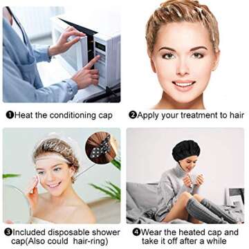 Deep Conditioning Heat Cap, Cordless Flaxseed Thermal Cap with 10PCS Disposable Shower Caps for Natural Curly Textured Hair Care, Drying, Styling, Curling (Black)