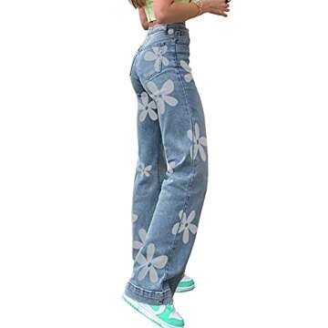 Women's Flower Print Y2K Fashion Wide Leg High Waist Denim Pants Boyfriend Jeans Loose Fit Vintage J...