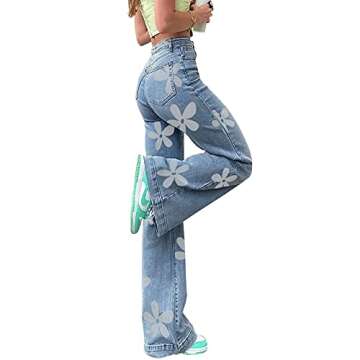 Women's Flower Print Y2K Fashion Wide Leg High Waist Denim Pants Boyfriend Jeans Loose Fit Vintage Jeans for Teen Girls