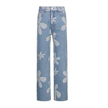 Women's Flower Print Y2K Fashion Wide Leg High Waist Denim Pants Boyfriend Jeans Loose Fit Vintage Jeans for Teen Girls