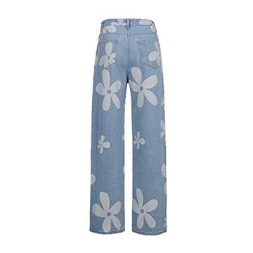 Women's Flower Print Y2K Fashion Wide Leg High Waist Denim Pants Boyfriend Jeans Loose Fit Vintage Jeans for Teen Girls
