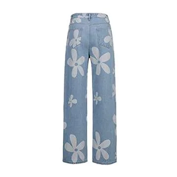 Women's Flower Print Y2K Fashion Wide Leg High Waist Denim Pants Boyfriend Jeans Loose Fit Vintage Jeans for Teen Girls