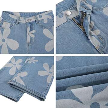 Women's Flower Print Y2K Fashion Wide Leg High Waist Denim Pants Boyfriend Jeans Loose Fit Vintage Jeans for Teen Girls