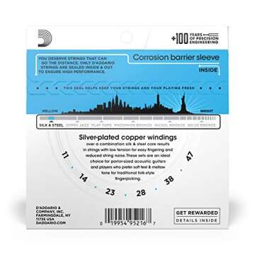 D'Addario Acoustic Guitar Strings, Silk & Steel, EJ40, Light Gauge 11-47, 6-String Set, Pack of 1