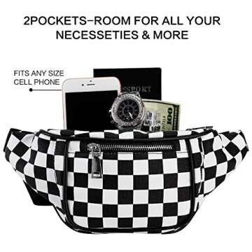 Fanny Pack, PU Waist Fanny Pack Bum Bag for Women Men，Waterproof Waist Pack Retro Neon Fanny Bag for Festival, Rave (Black and White Checkerboard)