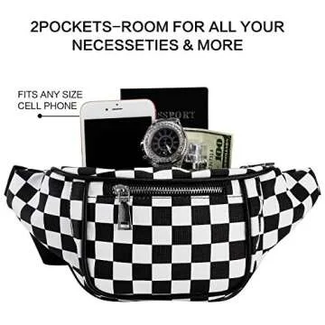 Fanny Pack, PU Waist Fanny Pack Bum Bag for Women Men，Waterproof Waist Pack Retro Neon Fanny Bag for Festival, Rave (Black and White Checkerboard)
