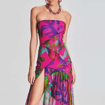 Women's Sexy Strapless Dress Slim Leopard Mesh Backless High Slit Tube Dress Party Club Night Cocktail Long Dress (Purple, S)