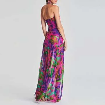 Women's Sexy Strapless Dress Slim Leopard Mesh Backless High Slit Tube Dress Party Club Night Cocktail Long Dress (Purple, S)