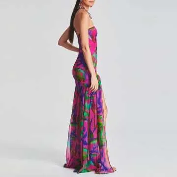 Women's Sexy Strapless Dress Slim Leopard Mesh Backless High Slit Tube Dress Party Club Night Cocktail Long Dress (Purple, S)