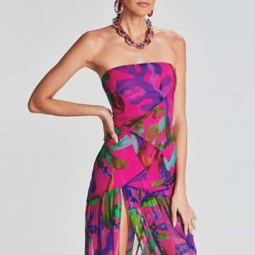 Women's Sexy Strapless Dress Slim Leopard Mesh Backless High Slit Tube Dress Party Club Night Cocktail Long Dress (Purple, S)