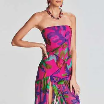 Women's Sexy Strapless Dress Slim Leopard Mesh Backless High Slit Tube Dress Party Club Night Cocktail Long Dress (Purple, S)