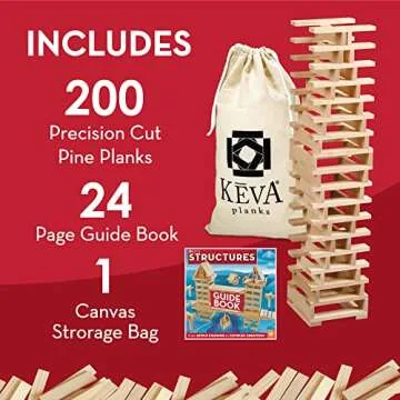KEVA Structures 200 Wood Building Planks Set - Building Toy Includes 200 Wooden Blocks and Idea Book - Ages 5 and Up