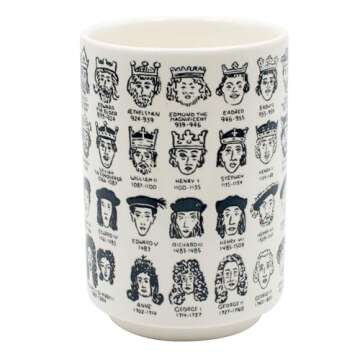 The Unemployed Philosophers Guild It's Hard to Get a Handle on English Monarchs - Porcelain Tea Cup Imprinted with Kings and Queens of England, Comes in a Fun Box, 9 oz