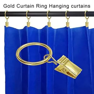 AMZSEVEN 44 Pack Metal Curtain Rings with Clips, Drapery Clips with Rings, Drapes Rings 1 in I D, Fits Diameter 6/8 in Curtain Rod, Gold Color