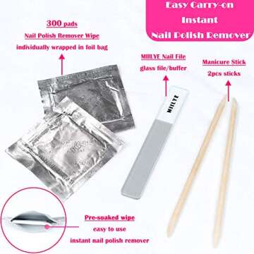 Nail Polish Remover Wipes, MIILYE Individual Fingernail Gel Nail Polish Remover Pads Soak off Aluminum Foil Wraps,1x Nail File +1x Scraper Stick Included (300 Pads)