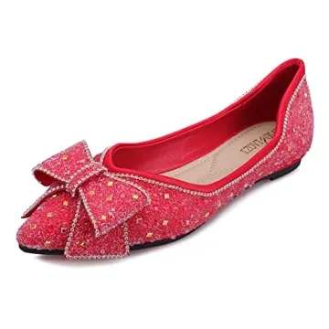 LiupanUp Women's Pointed Rhinestone Flat Shoes - Glitter Flowers Wedding Comfortable Dress Shoes Red...