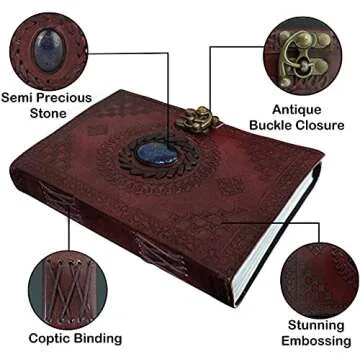 Rustic Town Leather Bound Notebook Journal with Semi Precious Stone - Handmade Vintage Leather Travel Diary for Women Men - Book of Shadow, Unlined Writing Gift