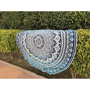raajsee Aqua Blue Round Beach Tapestry Hippie/Boho Beach Blanket Mandala/Indian Cotton Throw - Round...