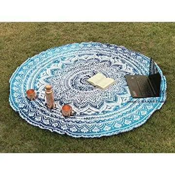 raajsee Aqua Blue Round Beach Tapestry Hippie/Boho Beach Blanket Mandala/Indian Cotton Throw - Round Tablecloth/Home Decor/Indie Rug Yoga Mat Meditation Picnic Rugs 178 CM / 70 INCHE Circle