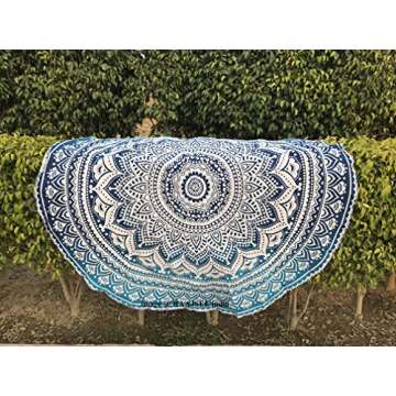 raajsee Aqua Blue Round Beach Tapestry Hippie/Boho Beach Blanket Mandala/Indian Cotton Throw - Round Tablecloth/Home Decor/Indie Rug Yoga Mat Meditation Picnic Rugs 178 CM / 70 INCHE Circle
