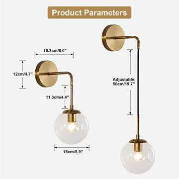 BOKT Mid Century Modern Globe Wall Sconce Lighting Brushed Brass Gold Bathroom Wall Light Clear Bubb...