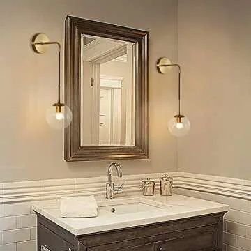 BOKT Mid Century Modern Globe Wall Sconce Lighting Brushed Brass Gold Bathroom Wall Light Clear Bubble Glass Ball Wall Light Fixture Lamp Bedroom Bedside Wall Light (Gold+Clear)