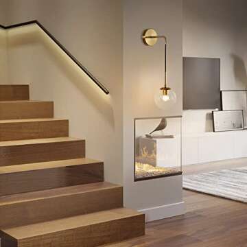 BOKT Mid Century Modern Globe Wall Sconce Lighting Brushed Brass Gold Bathroom Wall Light Clear Bubble Glass Ball Wall Light Fixture Lamp Bedroom Bedside Wall Light (Gold+Clear)