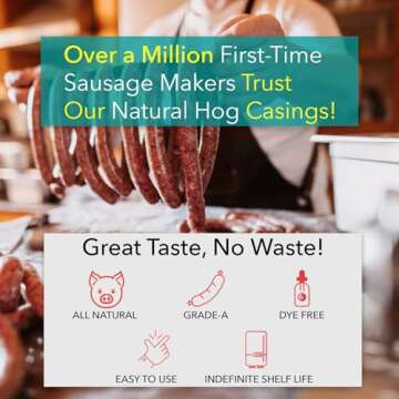 The Sausage Maker® Natural Hog Sausage Casings 32-38mm, Edible Casing For Sausage Making, Stuff Over 25 Lbs Meat, Breakfast, Italian, Polish, Bratwurst, Hot Dog, Pork Links, 1.2-1.5" Dia, Home Pack-1