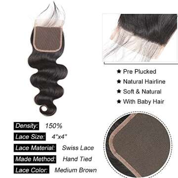 Body Wave Bundles with Closure Human Hair Weave - 3 Bundles with 4x4 Free Part Lace Closure - 100% Unprocessed Brazilian Hair Extensions - Natural Black