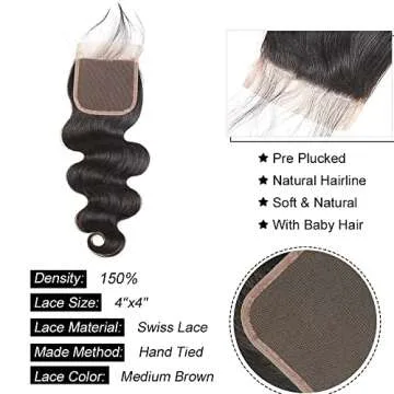 Body Wave Bundles with Closure Human Hair Weave - 3 Bundles with 4x4 Free Part Lace Closure - 100% Unprocessed Brazilian Hair Extensions - Natural Black
