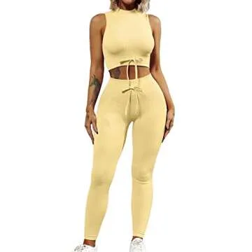 QINSEN Seamless Workout Set Cropped Tank Tops for Women 2 Piece Yoga Outfits High Waist GMY Active Leggings Yellow S