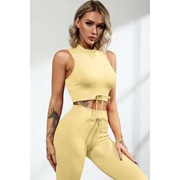 QINSEN Seamless Workout Set Cropped Tank Tops for Women 2 Piece Yoga Outfits High Waist GMY Active Leggings Yellow S