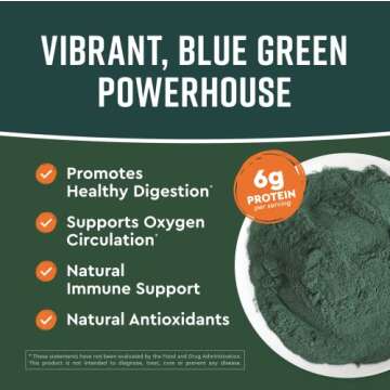 360 Nutrition Spirulina Powder, Vitamin A, B Vitamins, Iron, Protein & Amino Acids, Vegan, Non GMO, for Caffeine Free Energy, Digestive Health, and Immune Support, 6g Plant Based Protein, 2 oz