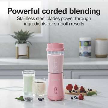 Hamilton Beach Portable Blender for Shakes and Smoothies with 14 Oz BPA Free Travel Cup and Lid, Durable Stainless Steel Blades for Powerful Blending Performance, Coral (51171)