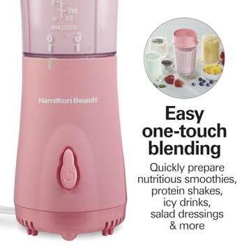 Hamilton Beach Portable Blender for Shakes and Smoothies with 14 Oz BPA Free Travel Cup and Lid, Durable Stainless Steel Blades for Powerful Blending Performance, Coral (51171)